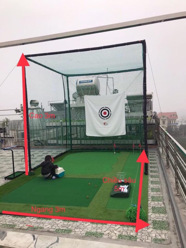 (Combo 2) Khung lồng tập golf 3x3x3m, thảm putt, swing 3x5m, 4 lỗ cờ inox, khay bóng